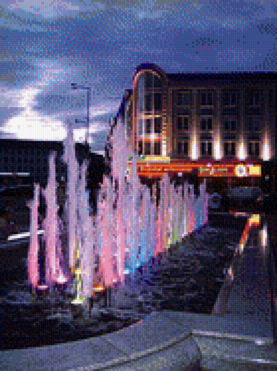 Цветные фонтаны - небо, фонтаны, сумерки, здание - предпросмотр