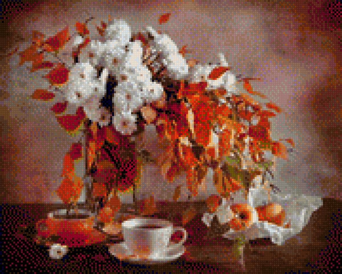 Очаровательный осенний натюрморт - листья, цветы, чашка, стол, ваза - предпросмотр