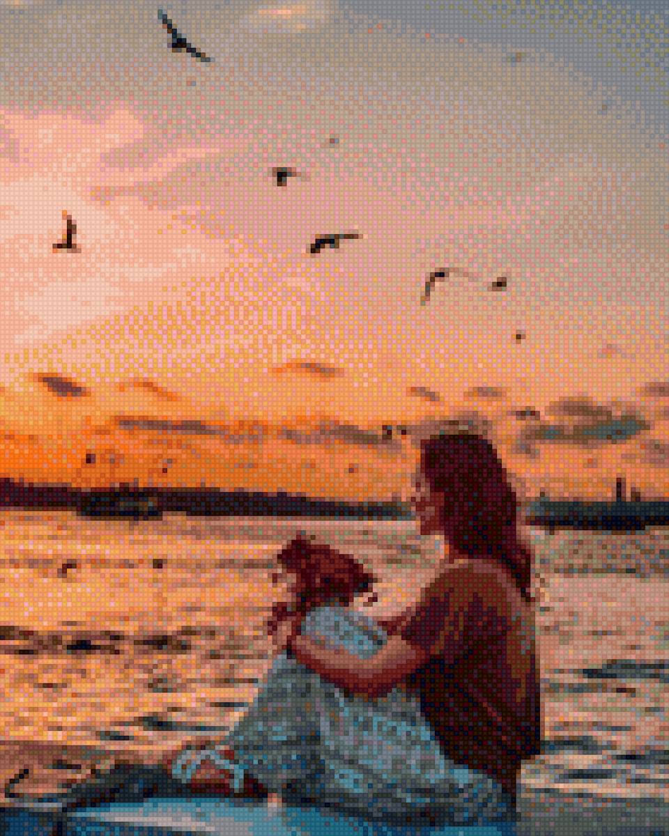 Мечтательница - закат, девушка, море, чайки, камень - предпросмотр