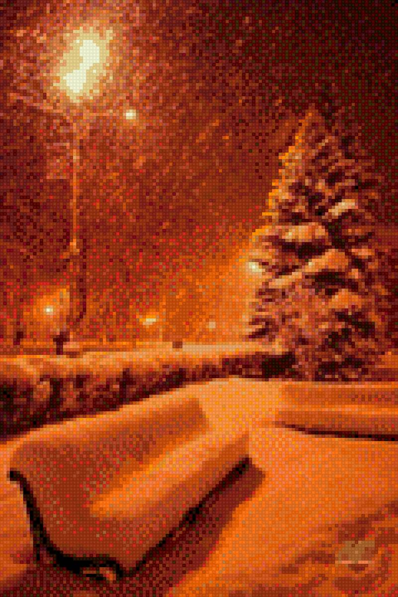 Снег в городе - скамья, снег, фонарь, ель - предпросмотр