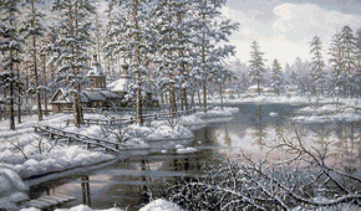 Худ. Ханаин С. - снег, природа, пейзаж зима, вода - предпросмотр