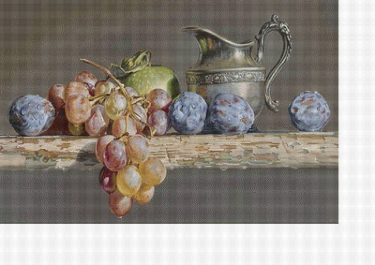 Натюрморт - виноград, кувшин, яблоко, сливы - предпросмотр