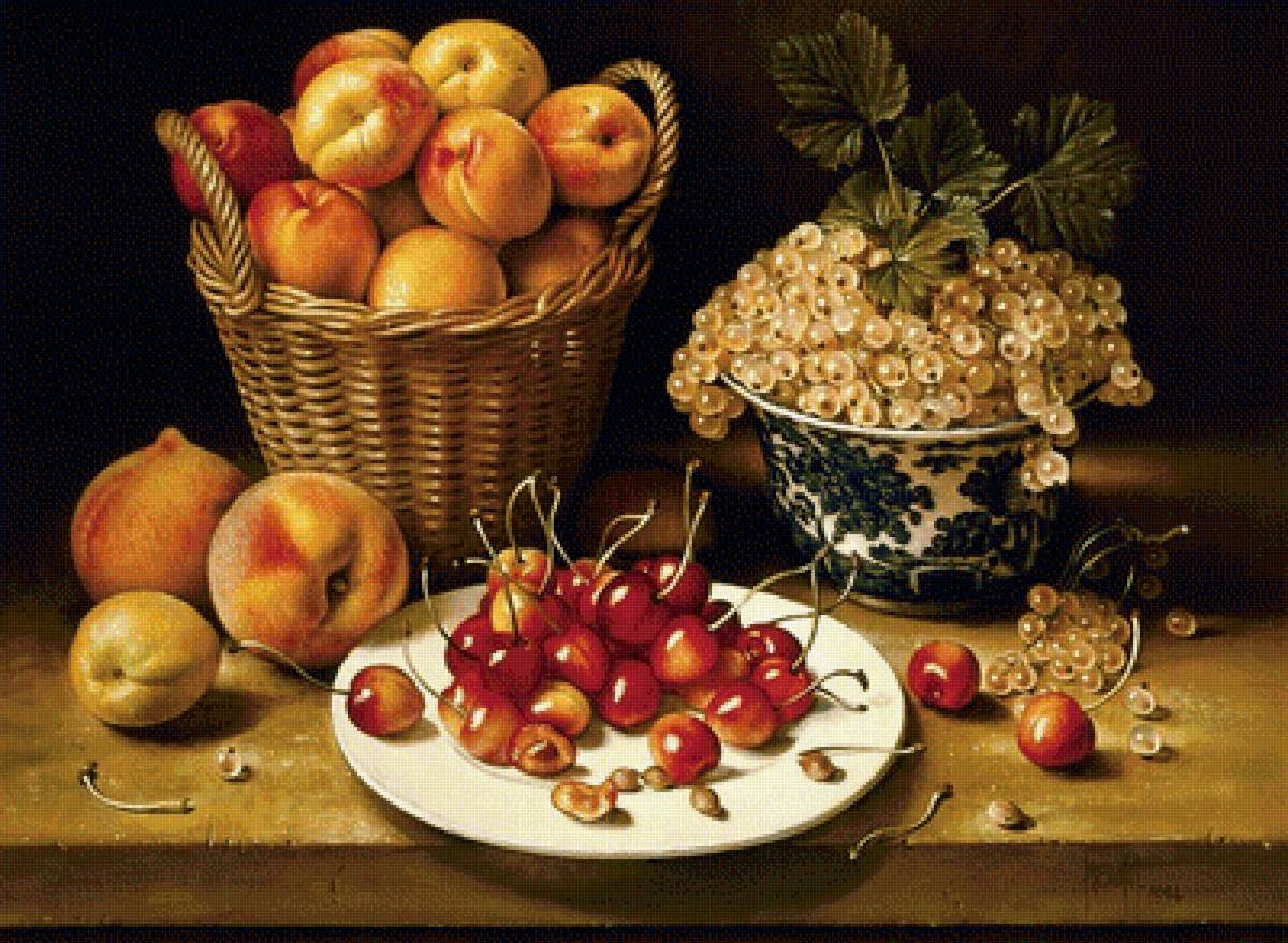 Натюрморт - смородина, черешня, абрикосы, фрукты, корзина - предпросмотр