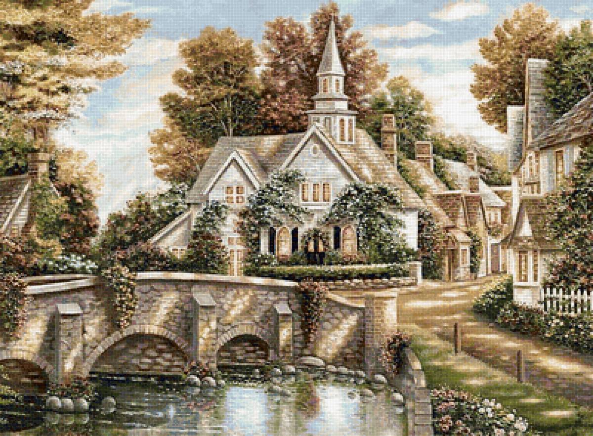 Сельский пейзаж - мост, деревня, домики - предпросмотр