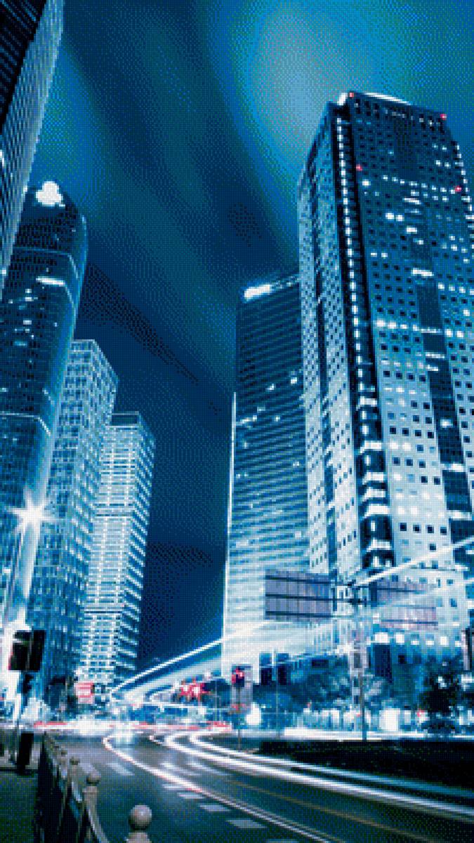 Ночные небоскребы - город, огни, ночь, дорога, небоскребы - предпросмотр