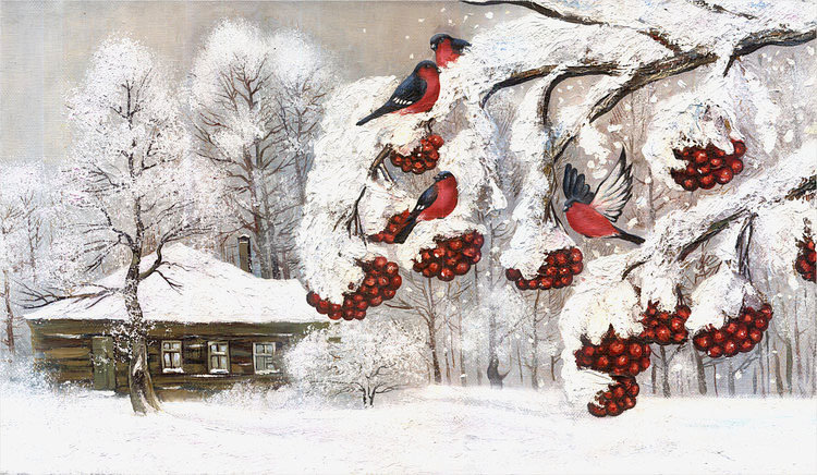 №1800182 - природа, птицы, снегири, снег, пейзаж зима - оригинал