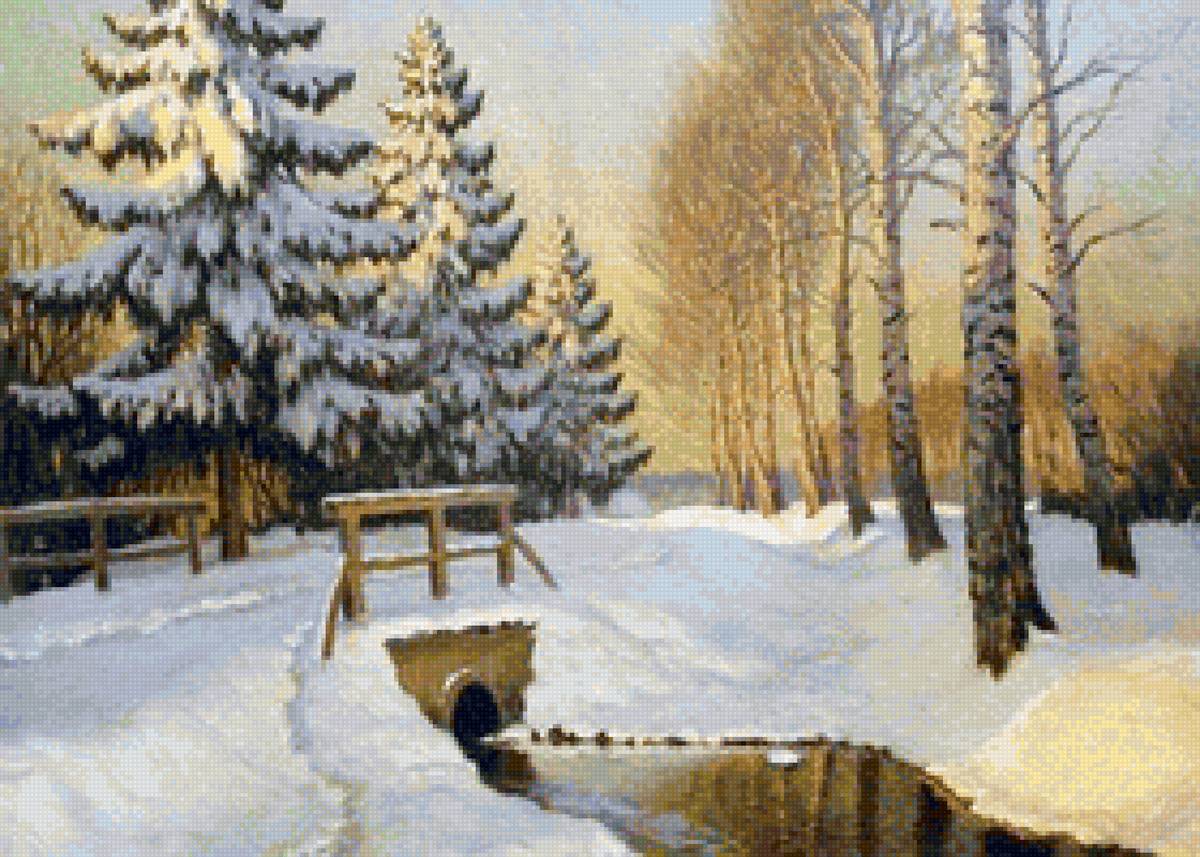 Зимние сумерки - пейзаж зима, природа, снег, вода, мостик - предпросмотр