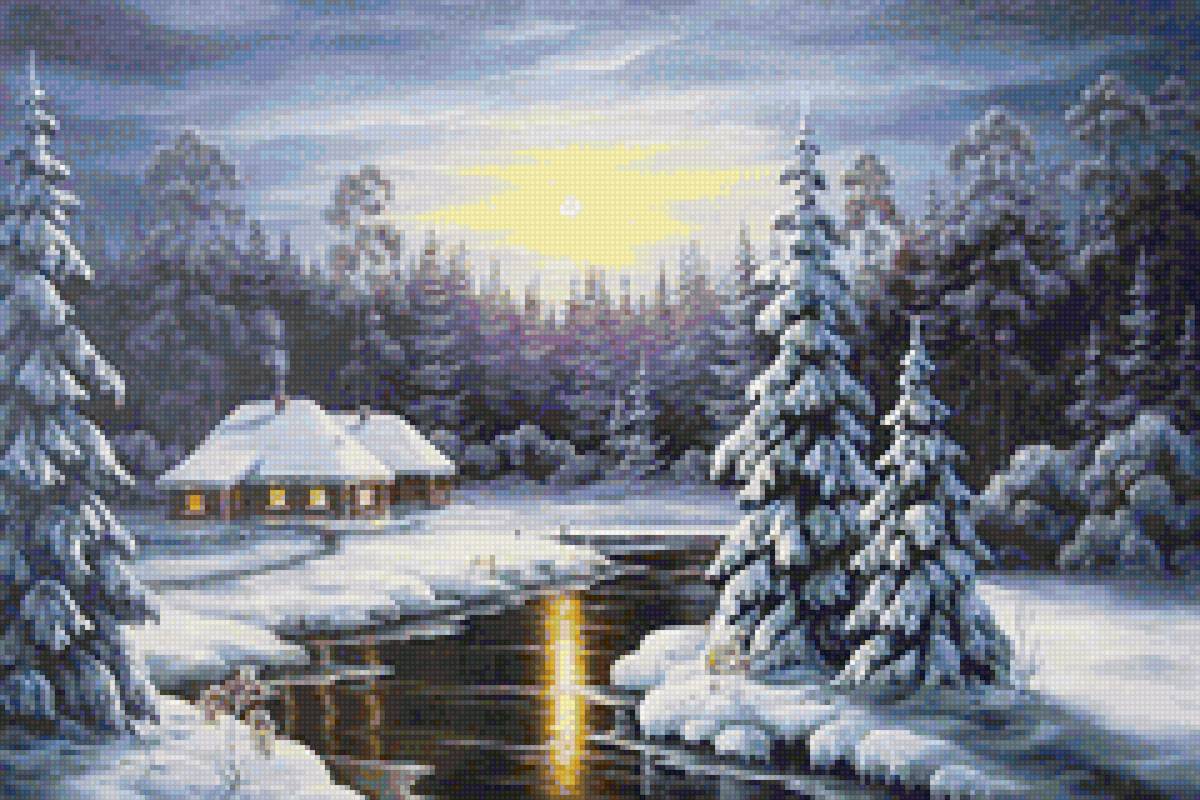 №1800198 - снег, природа, вода, домики, пейзаж зима - предпросмотр