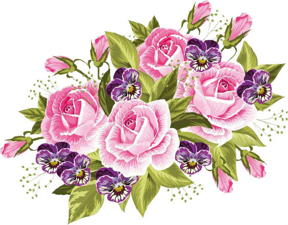 Розы и фиалки - цветы, букет, для подушки, розовые розы - оригинал