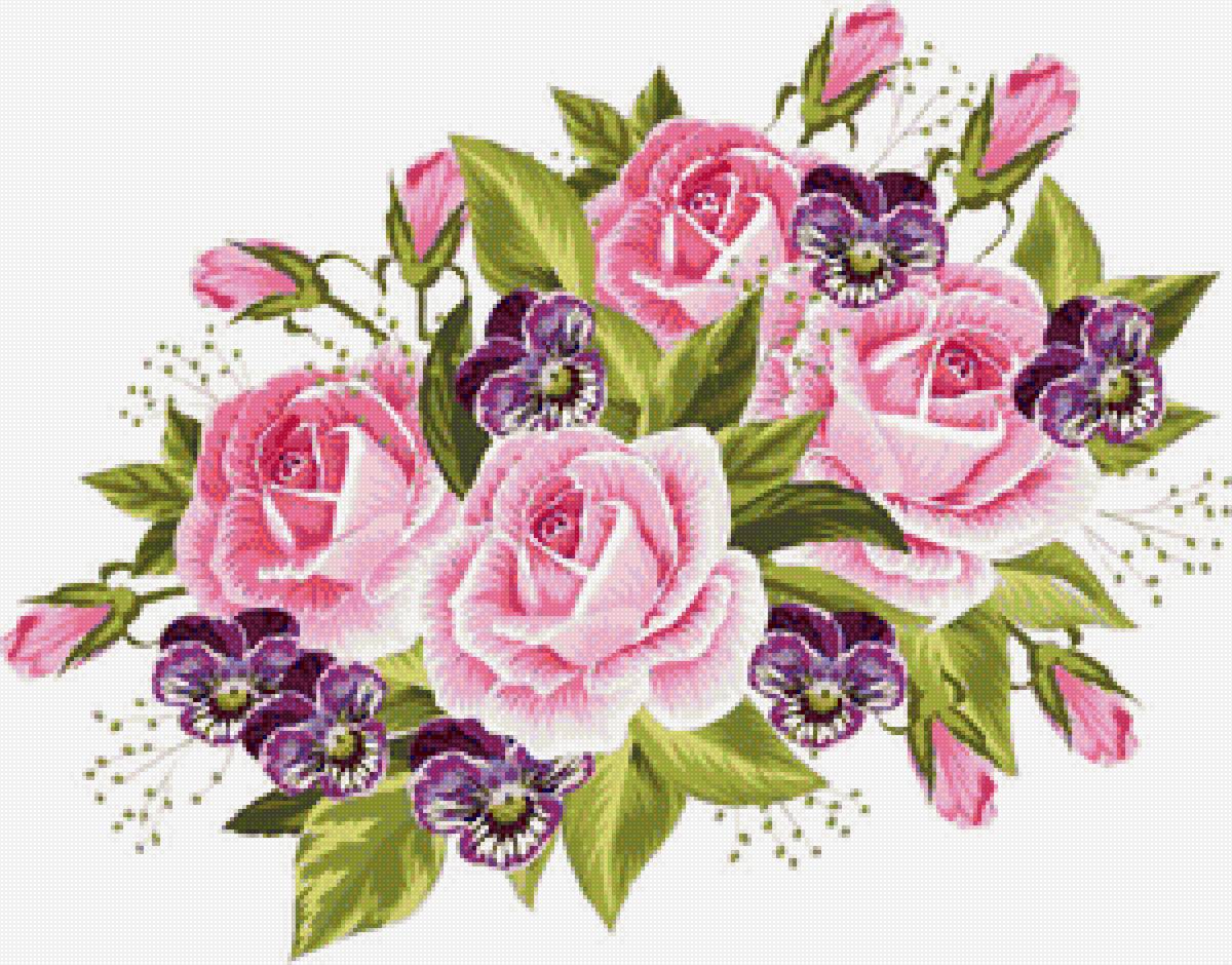 Розы и фиалки - цветы, букет, для подушки, розовые розы - предпросмотр