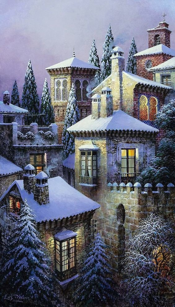 Заснеженный город - город снег крыши ночь - оригинал