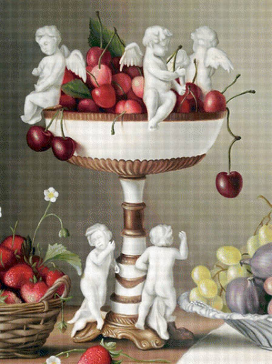 Натюрморт - фрукты, ангелочки, черешня, ваза с фруктами - предпросмотр