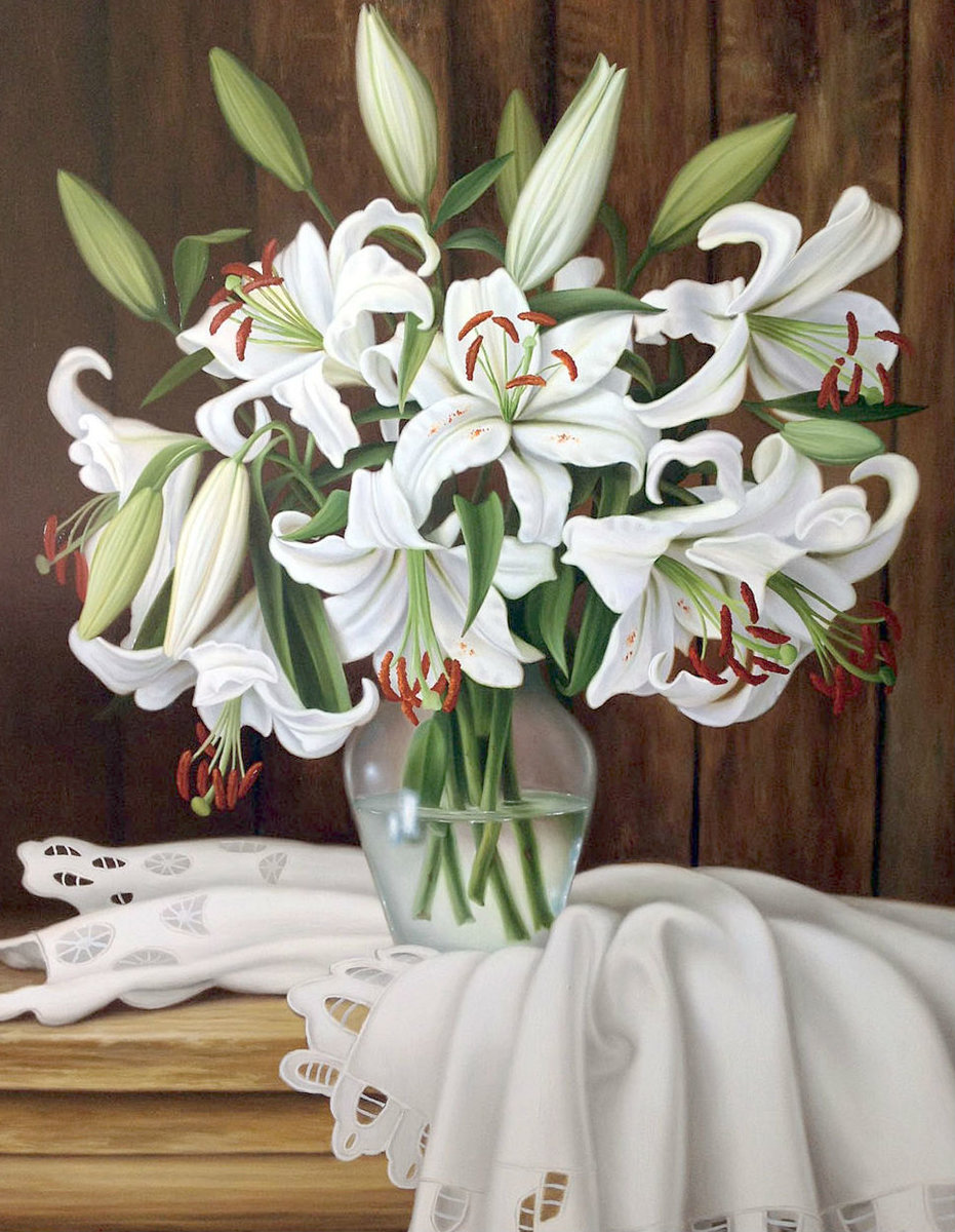 Лилии - белые цветы, цветы в вазе, белые лилии, цветы - оригинал