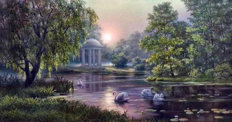 Беседка у пруда - картина - оригинал