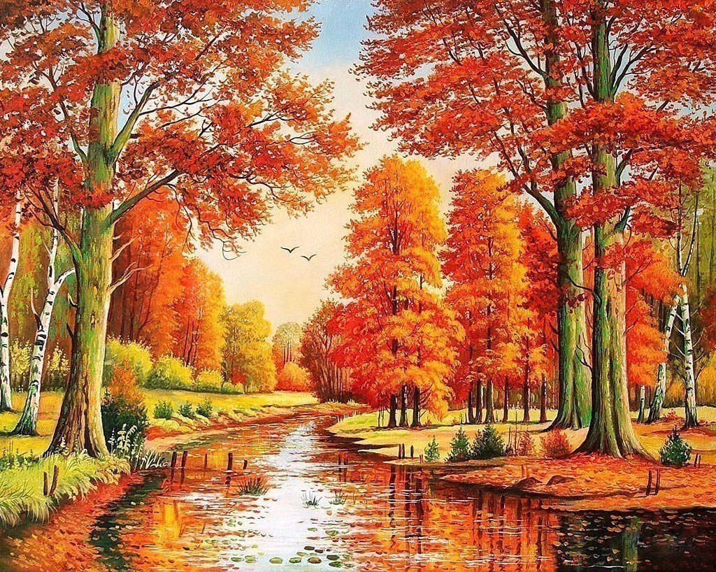 Золотая осень - роща, лес, река, природа, березки, осень - оригинал