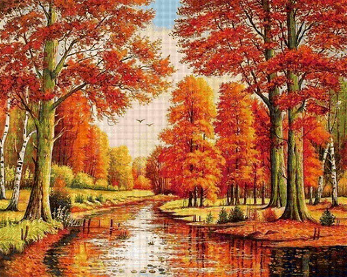 Золотая осень - лес, березки, роща, река, природа, осень - предпросмотр