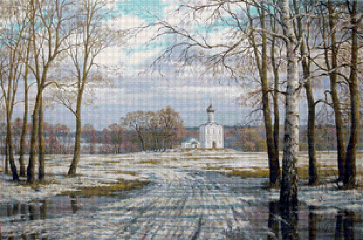 Худ. Булыгин - снег, пейзаж весна, деревья, природа - предпросмотр