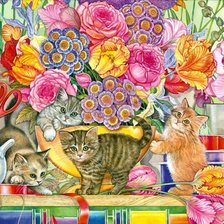 котята и цветы