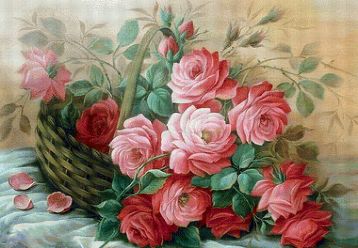 Розы в корзине - цветы, розы, букет - предпросмотр