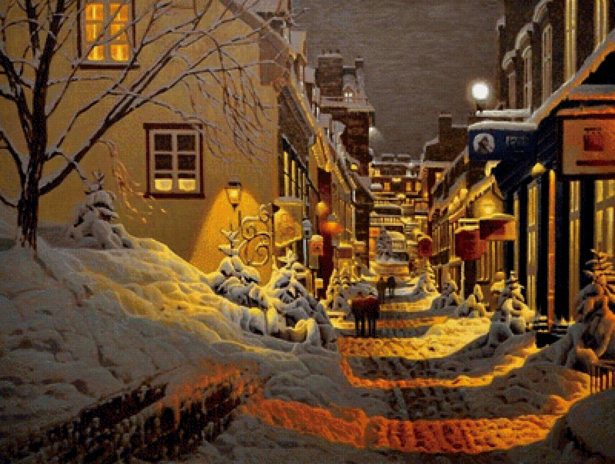 Зимняя дорога - вечер, дома, снег, люди, город, улица - предпросмотр