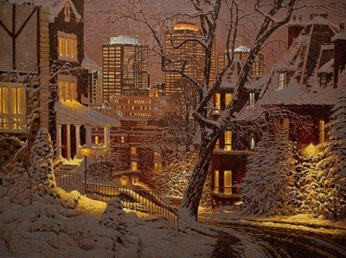По картине Ричарда Савойя - дома, снег, город, вечер - предпросмотр