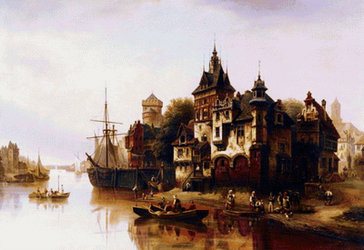 Городской пейзаж 4 - живопись, корабль, старинные здания, городской пейзаж - предпросмотр