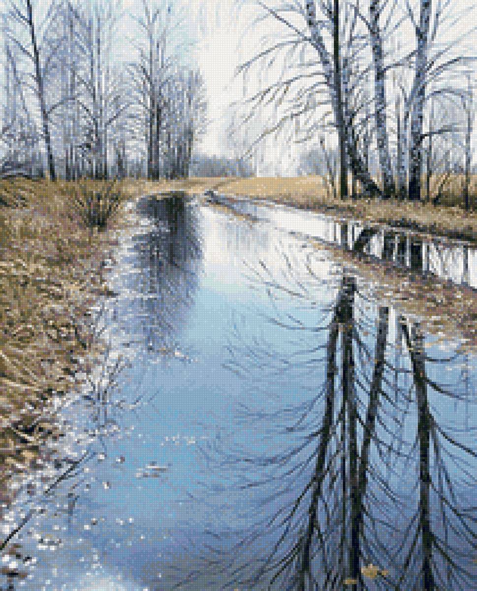 Худ. Дмитрий Репин. ОТРАЖЕНИЕ ВЕСНЫ - природа, пейзаж весна, вода, деревья - предпросмотр