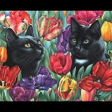 Оригинал схемы вышивки «коты в тюльпанах» (№1804861)