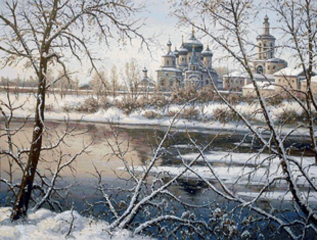 Худ. Ханаин С. - пейзаж зима, снег, церковь, природа, вода - предпросмотр