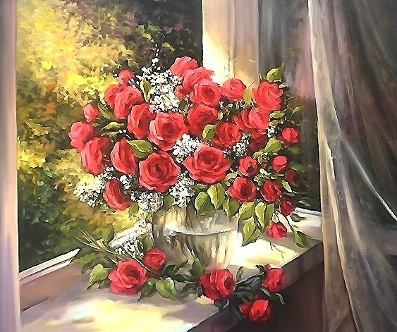 красные розы на окне - окно, у окна, розы, аромат, в вазе, букет - оригинал