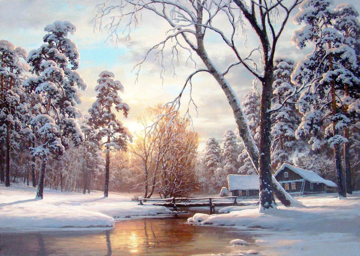 Худ. Валерий Корчак - природа, снег, вода, пейзаж зима - оригинал