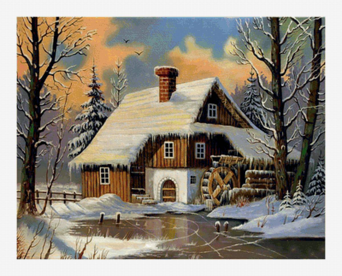 Серия "Волшебные домики". Мельница - мельница, лес, зима, природа, пейзаж, речка - предпросмотр