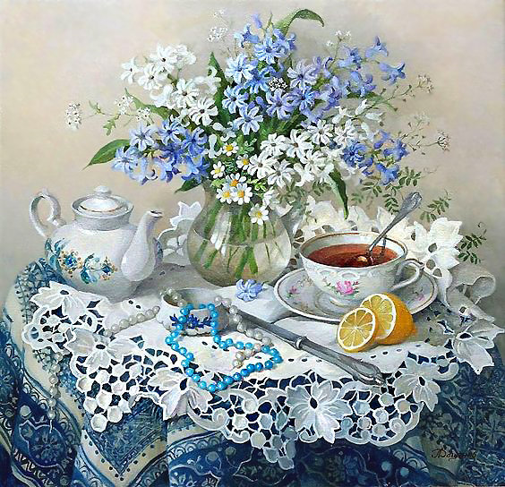 Приглашение на чай - цветы, натюрморт, чашки - оригинал