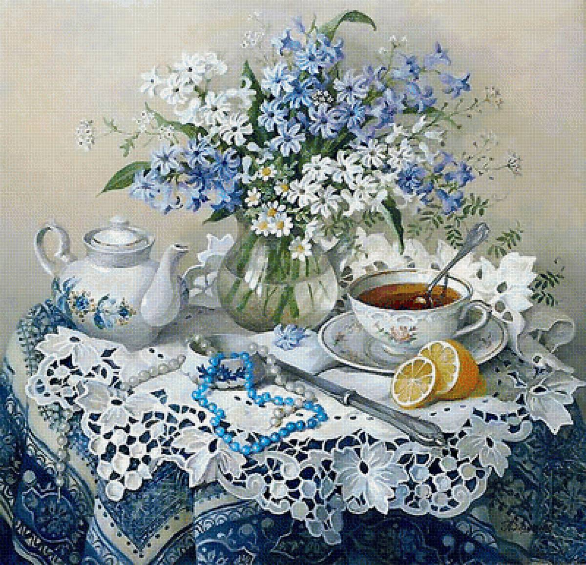 Приглашение на чай - цветы, чашки, натюрморт - предпросмотр