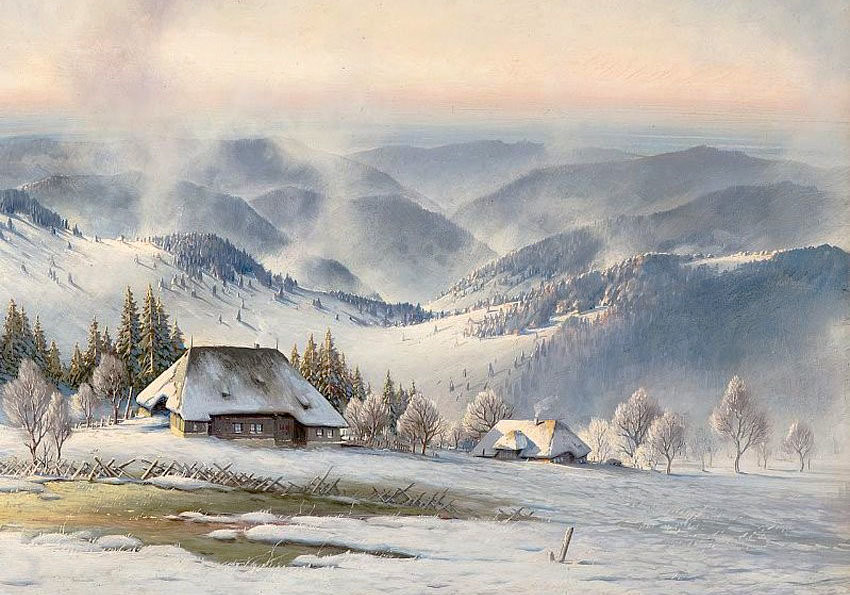 Худ. Карл Хаптманн - деревня, природа, снег, пейзаж зима - оригинал