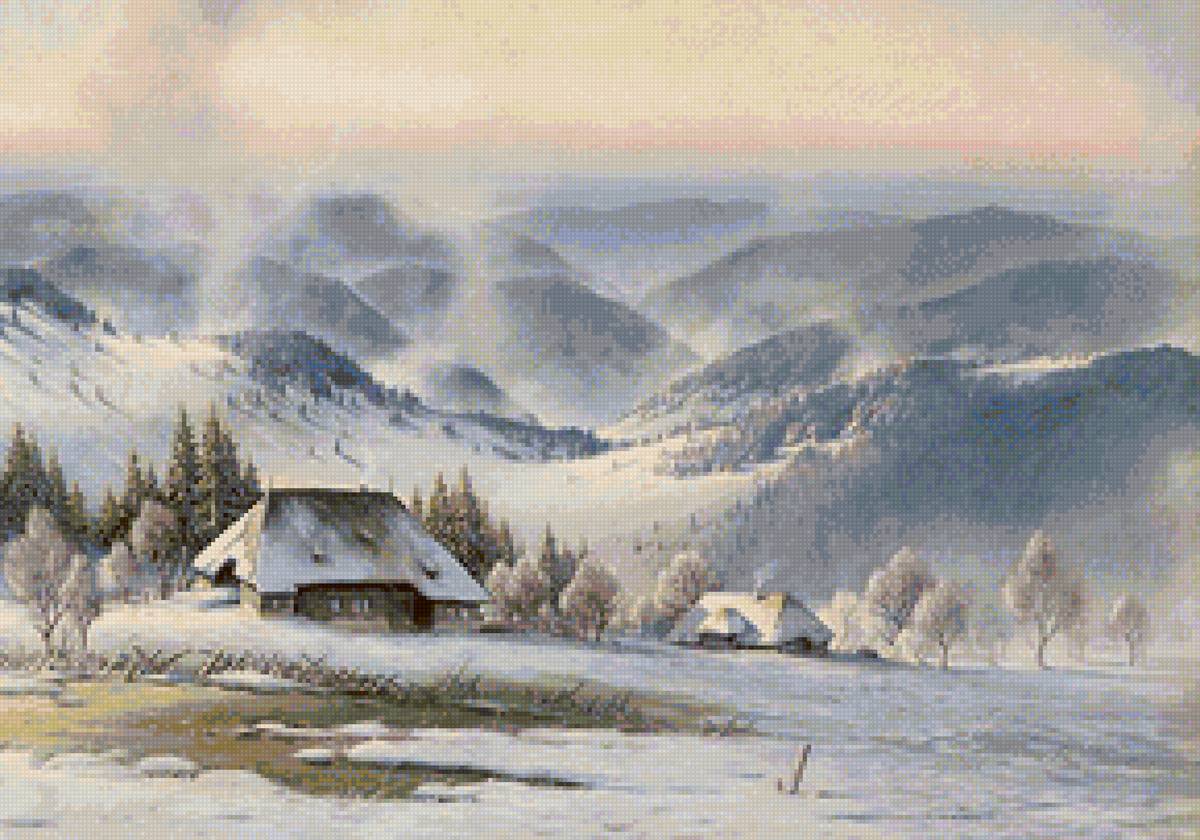 Худ. Карл Хаптманн - пейзаж зима, снег, природа, деревня - предпросмотр