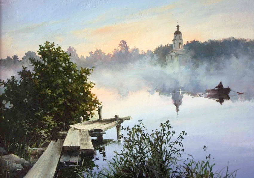 Худ. Краевский Владимир - пейзаж лето, природа, река, рассвет - оригинал