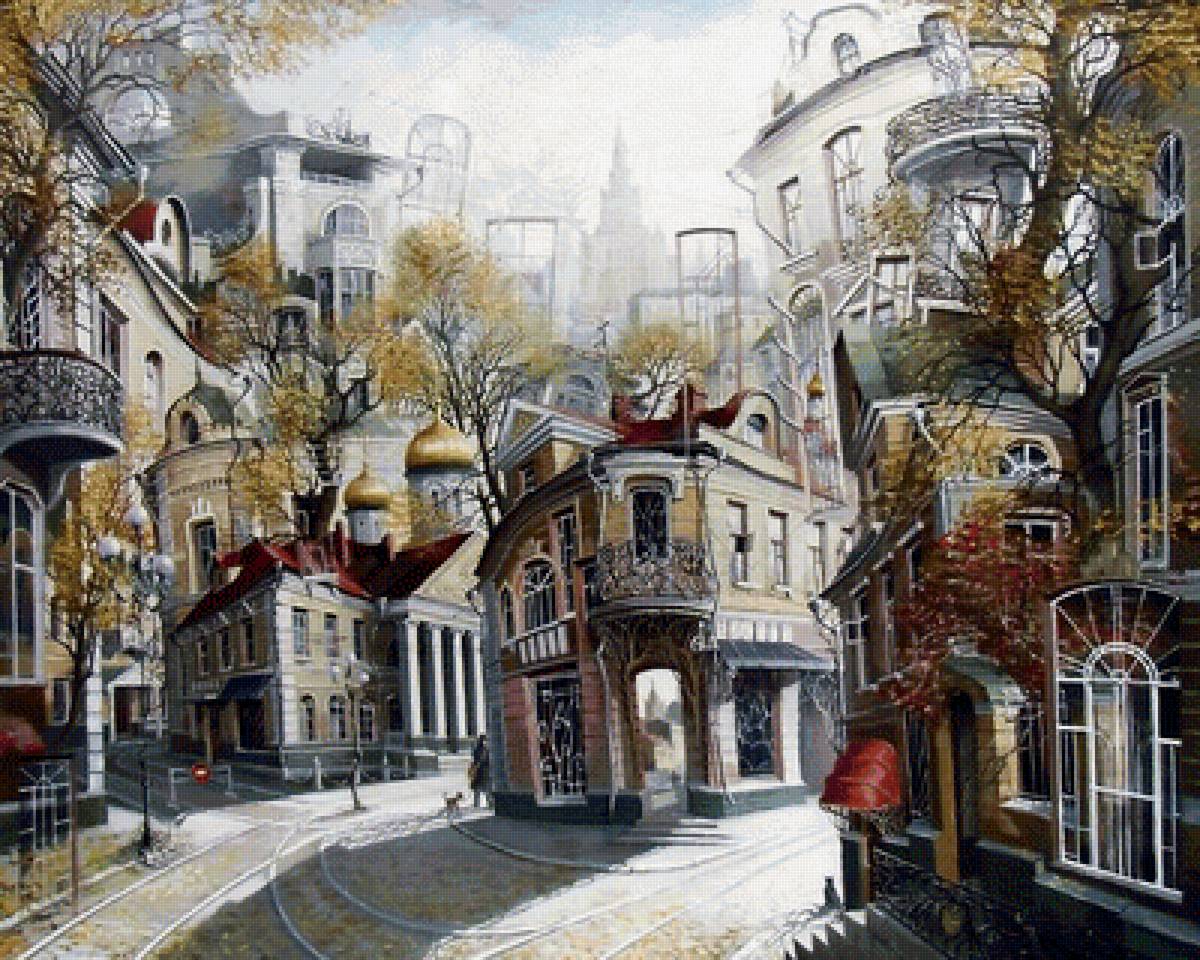 По картине Александра Стародубова - город, улицы, дома - предпросмотр