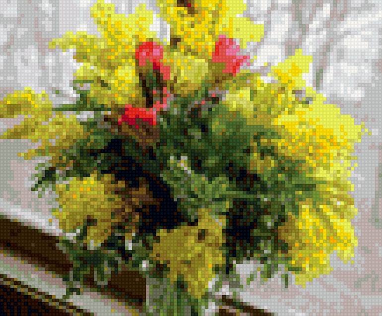 Букет мимозы - тюльпаны, ваза, окно, мимоза, подоконник - предпросмотр