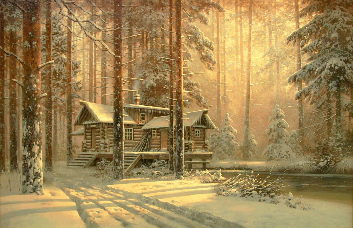Худ. Колпашников Дмитрий - снег, лес, природа, пейзаж зима, сторожка - оригинал