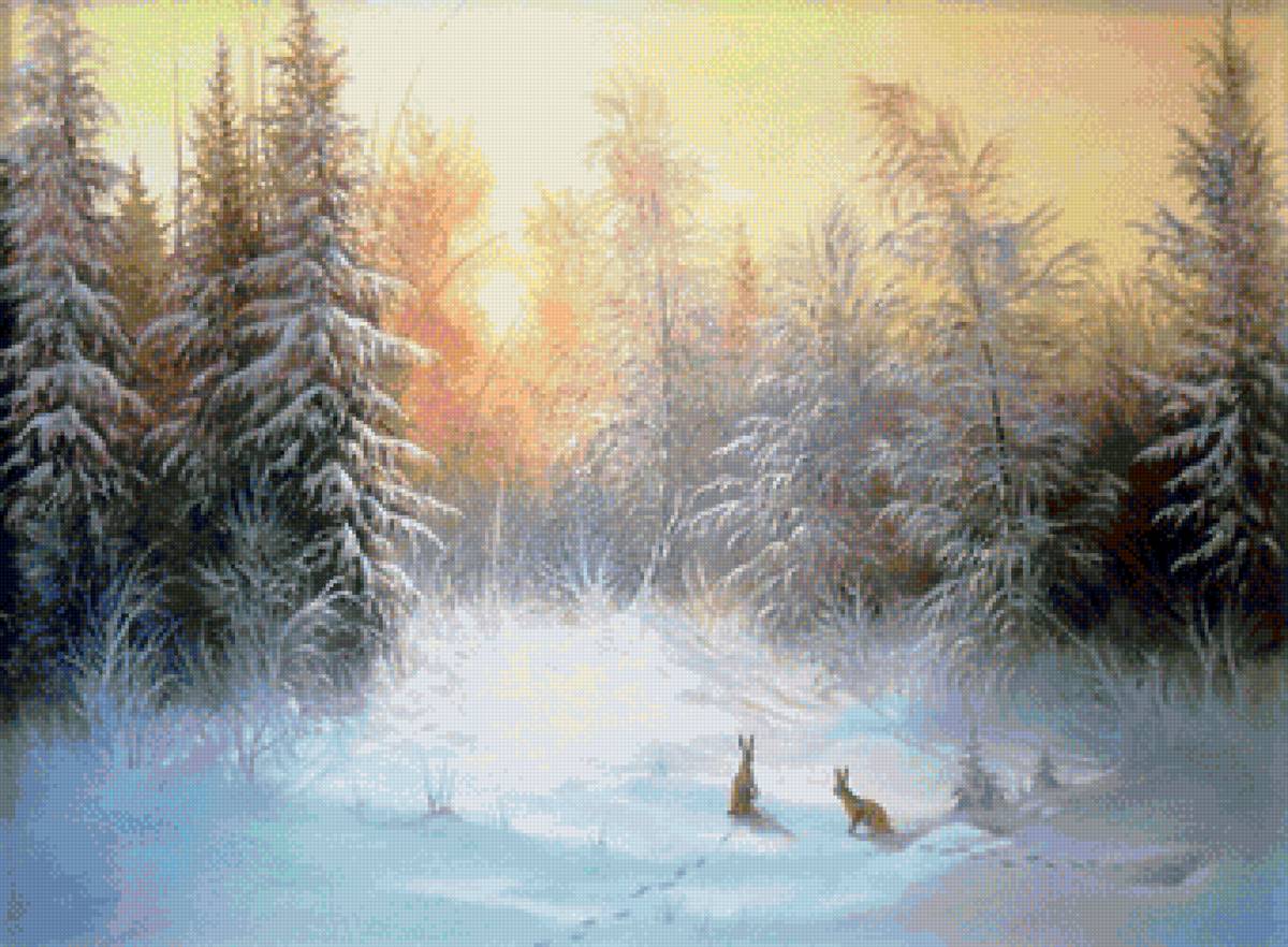 Худ. Корников Юрий - лес, зайчики, природа, снег, пейзаж зима - предпросмотр