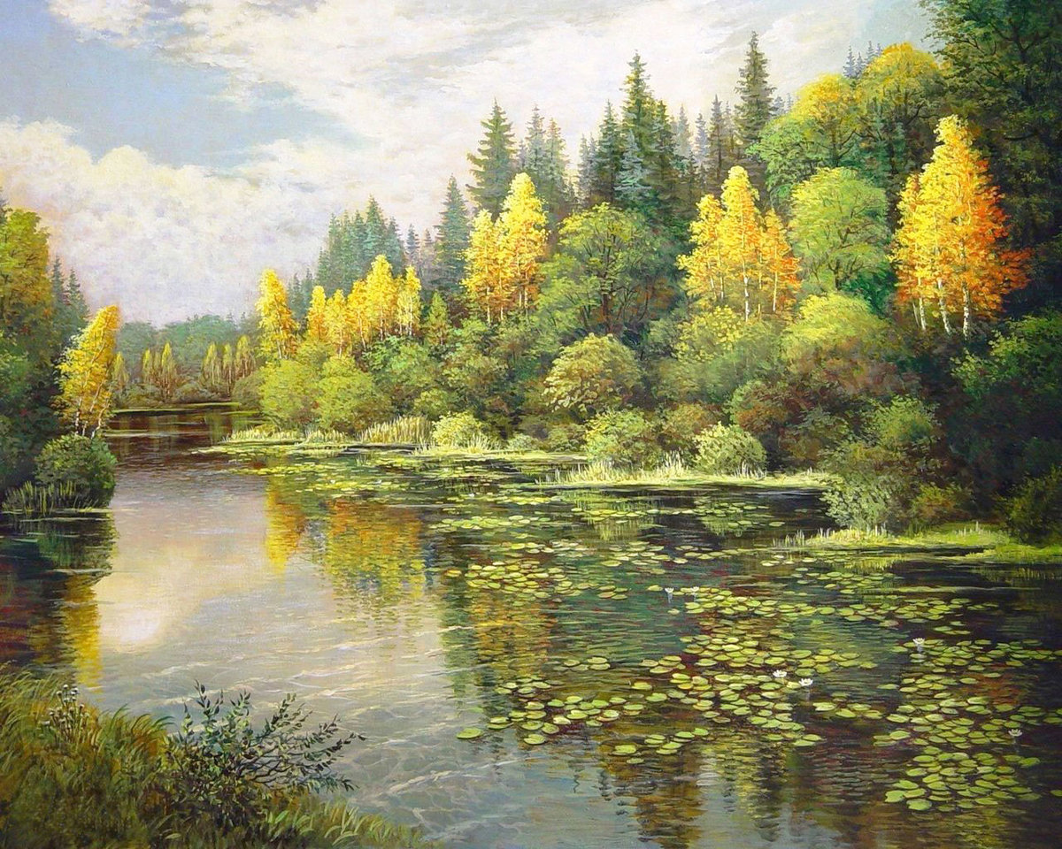 Худ. Марк Калпин - природа, озеро, пейзаж осень, лес - оригинал