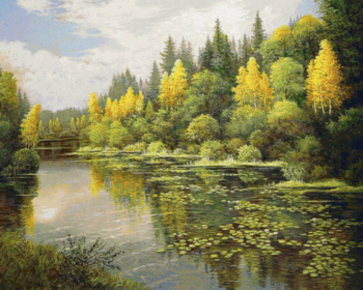 Худ. Марк Калпин - озеро, пейзаж осень, природа, лес - предпросмотр