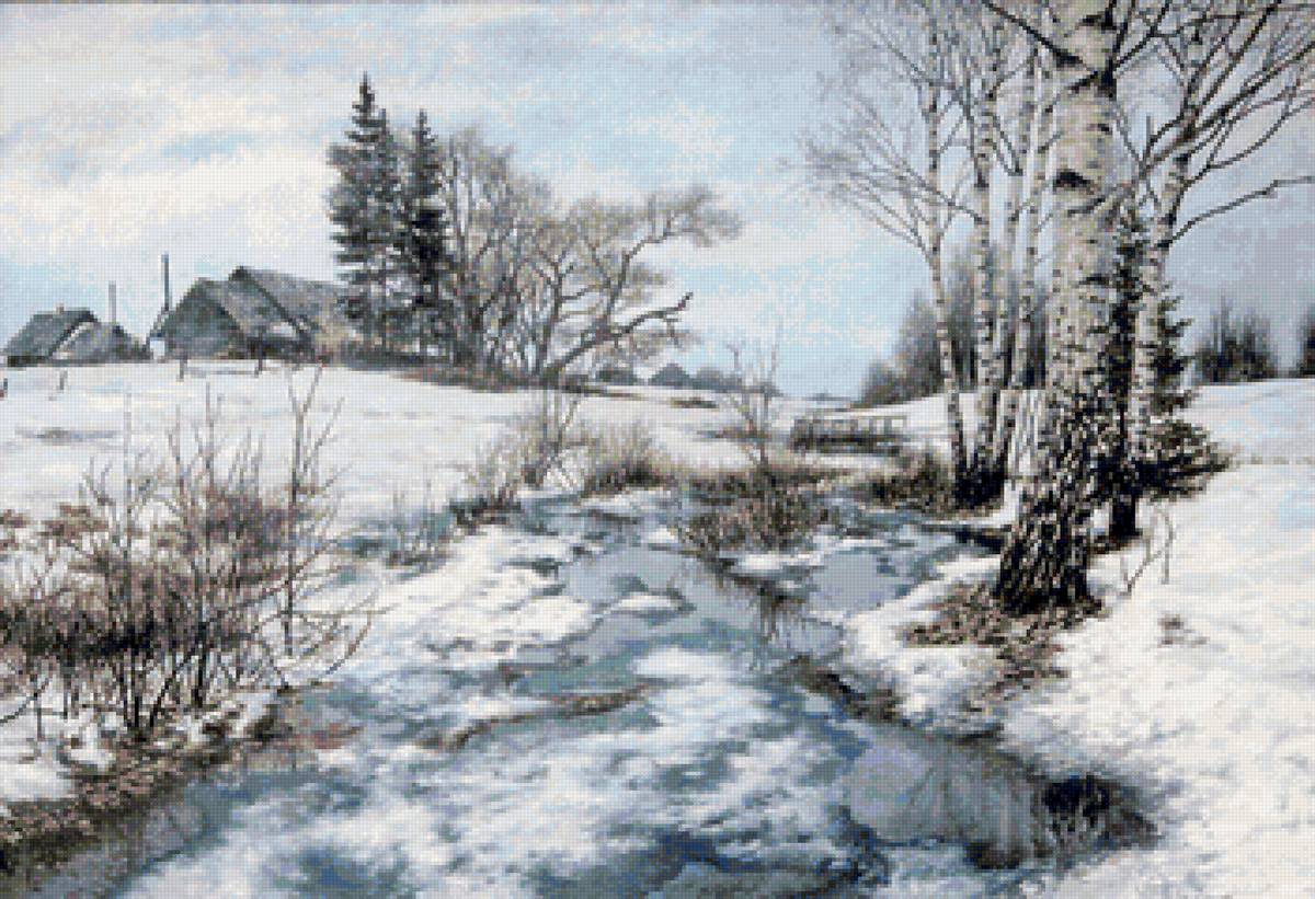 Март - деревня, природа, пейзаж весна, снег - предпросмотр