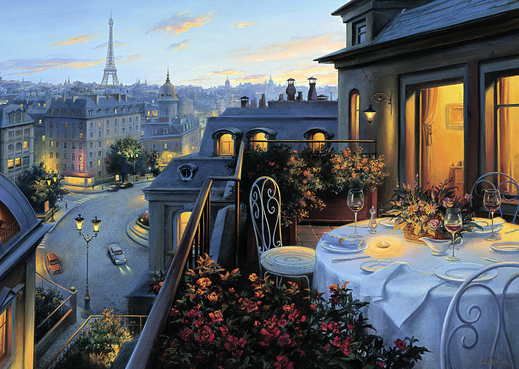 Вечер в Париже по картине Евгения Лупшина - балкон, стол, дом, город, вечер, париж - оригинал