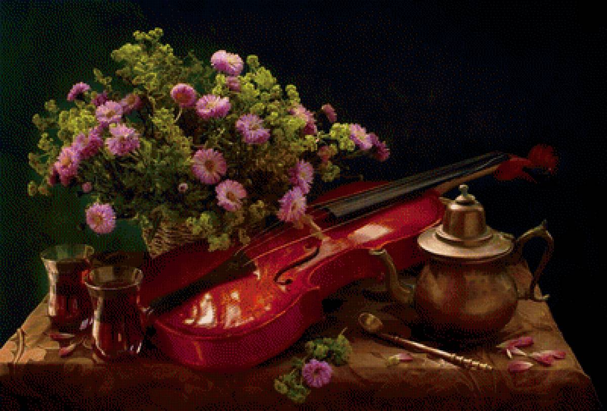 натюрморт - скрипка, цветы, натюрморт - предпросмотр