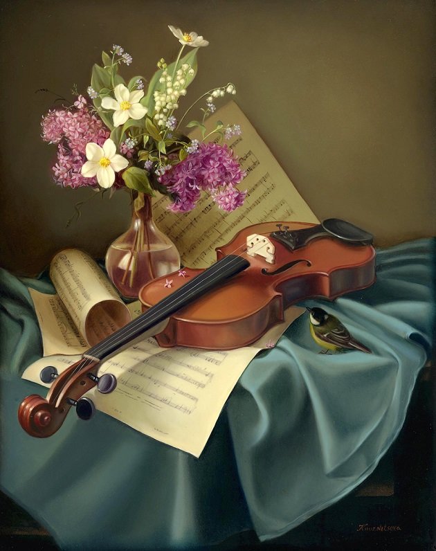 skripka - птицы, скрипка, цветы, музыка - оригинал