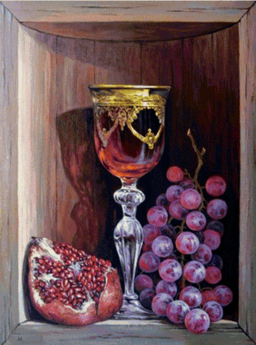 "Красное" худ. Александр Мельников - виноград, гранат, бокал, вино - предпросмотр