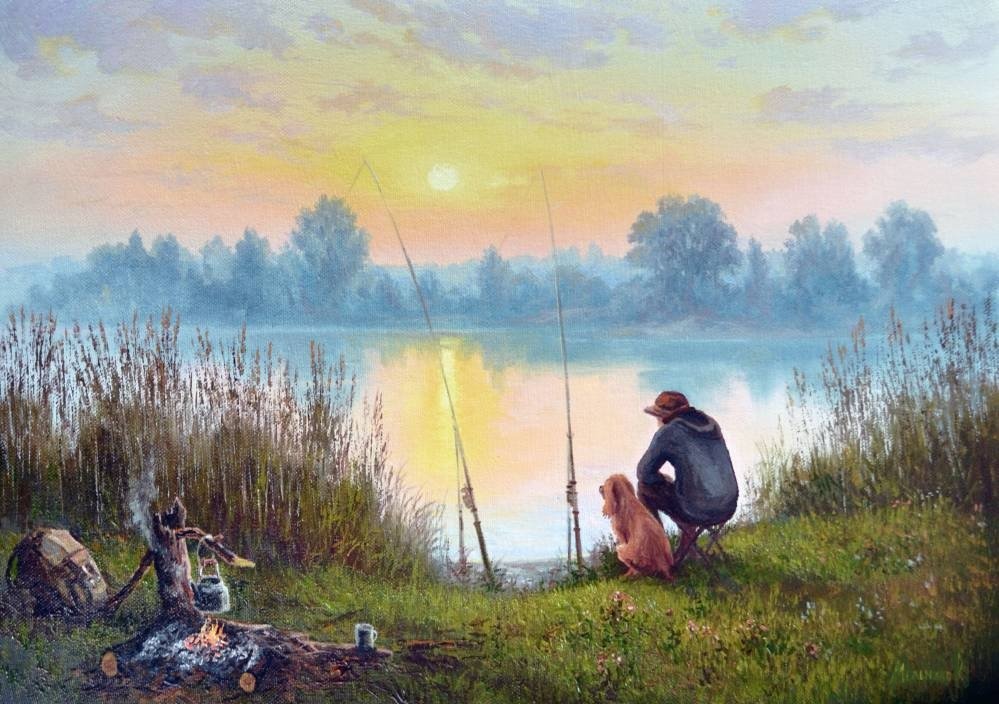 "Рыбаки" худ. Александр Мельников - восход, река, рыбалка - оригинал