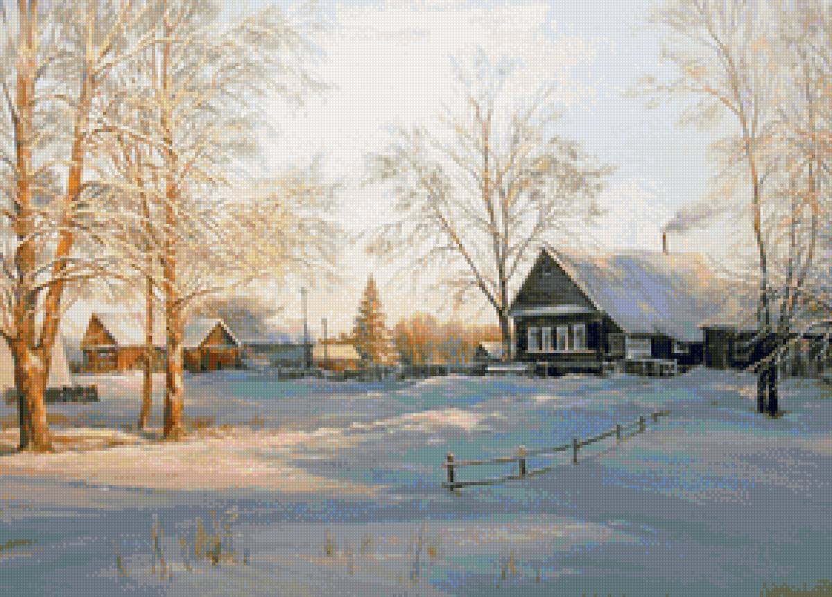 Худ. Палачев Вячеслав - природа, снег, деревня, пейзаж зима - предпросмотр